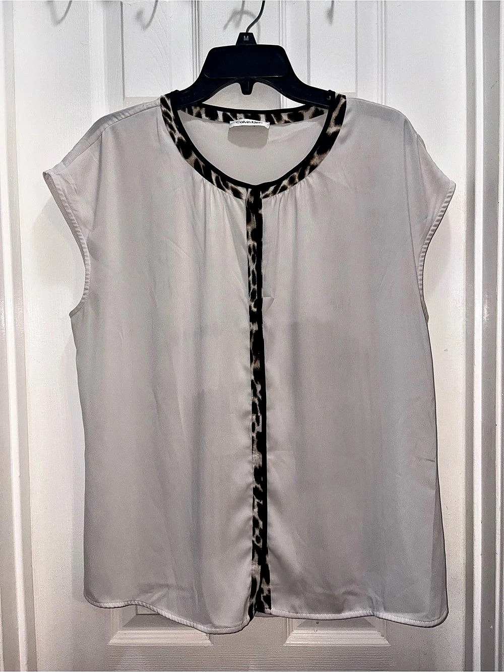 Calvin Klein Women's Animal Print Trim Blouse in White & Black